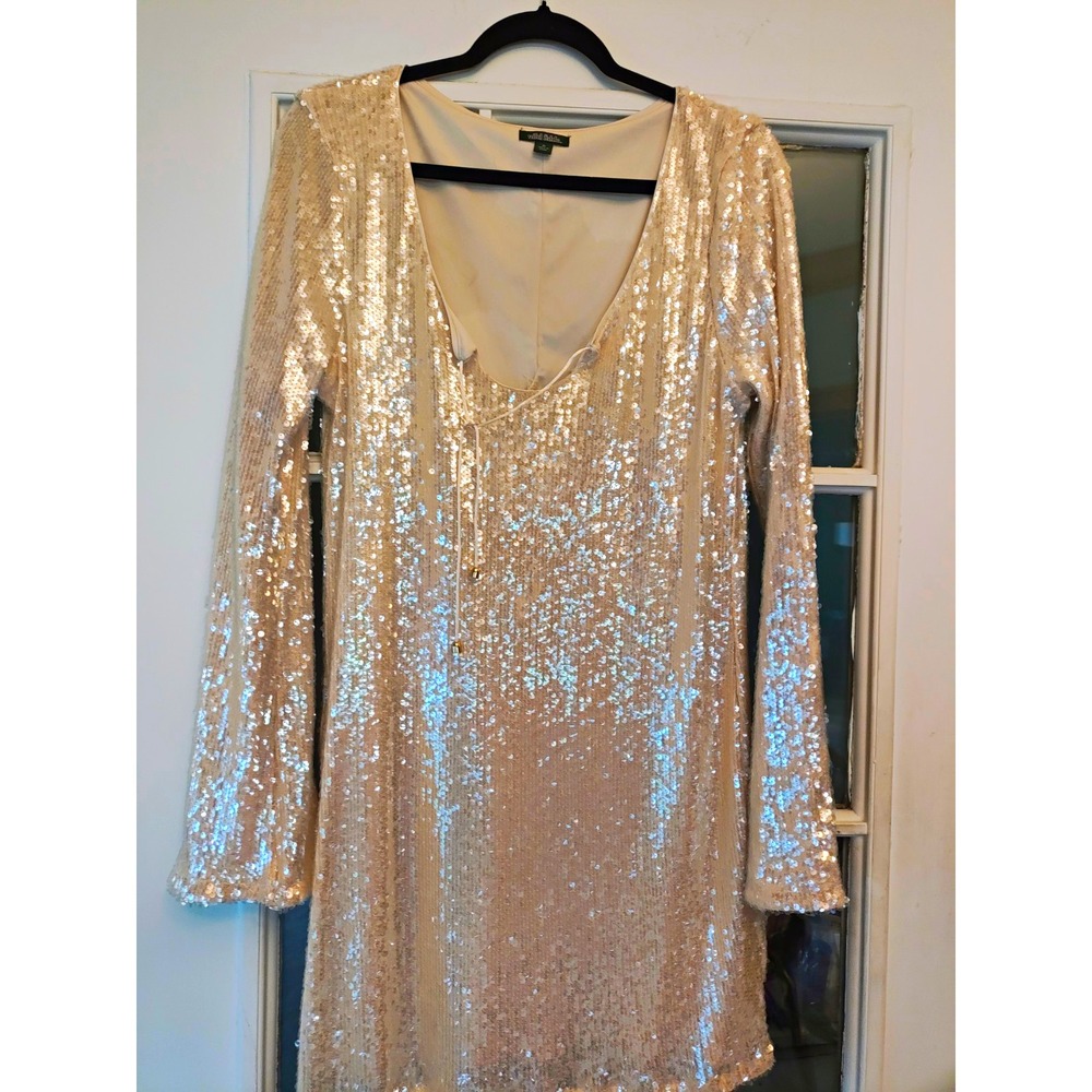 Wild Fable Womens XL Gold Sequin V-Neck Shift Mini Dress Long Sleeve